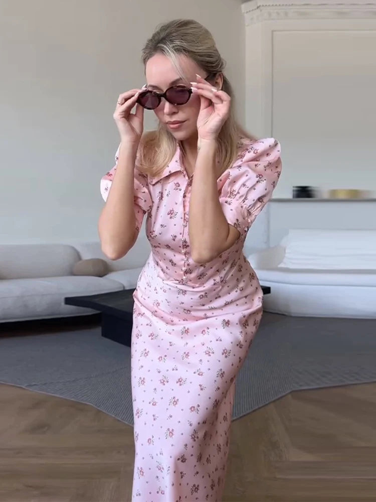 Vestido Longo Floral com Botões de Pérola, Gola com Lapela, Manga Curta Abaulada, Cintura Marcada, Estampado, Slim, Elegante, Moda Feminina, Vestido Novo de Senhora