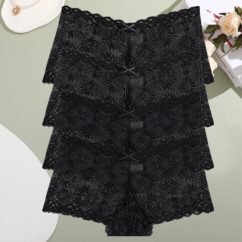 4pcs Sexy Lace Transparent Pantie Women Hollow  Boxers Low Waist Soft Lingerie Soft Comfortable Intimates Panties Sexy Sleepwear