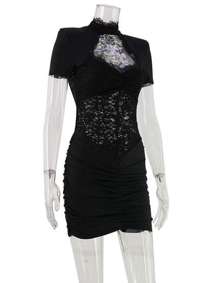 Ahagaga Sexy Patchwork Dresses For Women Short Sleeves Sheath Pleated Slim Fit Hollow Out Lace Basic Trend Streetwear Vestidos