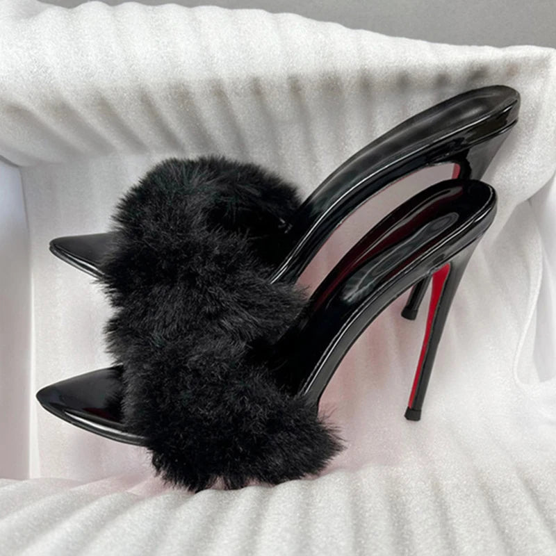 Chinelos de Mulher Rosa Fluffy Flufft 12cm Salto Alto de Pelo Festa Noite Aniversário Sandálias Sexy Bico Fino Sapatos Slingback para Senhoras