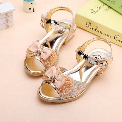 Sapatos de Princesa de Menina, Sapatos de Salto Alto, Sapatos de Verão, Sandálias de Praia de Lantejoulas Casuais para Crianças, Antiderrapantes, Sapatos de Festa e Casamento de Bico Aberto para Crianças Pequenas