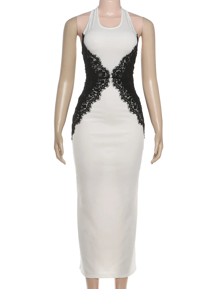 Kliou Vestidos Compridos em Renda Patchwork Mulher Halter Decote Redondo Sem Alças Costas Descobertas Robe Meia-Noite Baile Festa Elegante Vestidos Justos