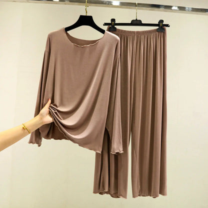 Modal Thin Long Sleeved T-Shirt Set for Women in Spring and Autumn Pajamas Plus Loose Base Shirt Solid Color Sleepwear Homewear