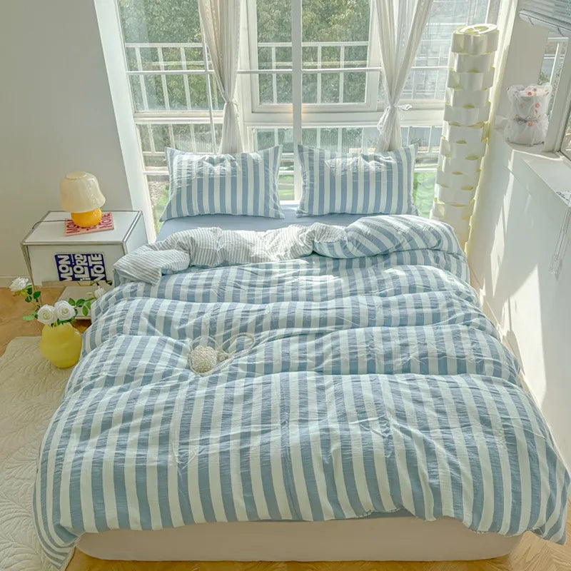 Lightweight Hotel Luxury Duvet Cover 4Pcs Blue White Vertical Stripes Ultra Soft Breathable Comforter Cover Bed Sheet Pillowcase