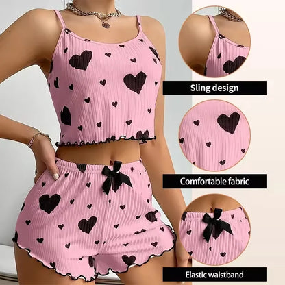1 Sets Heart Print Bowknot Sleepwear Vest and Shorts Pajamas Set Women Ventilate Suspenders Loungewear Summer Casual Sleepwear