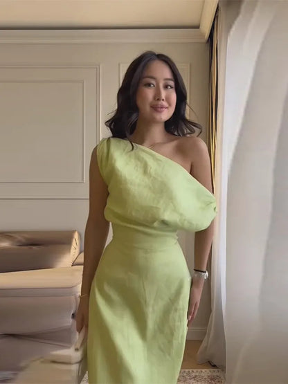 Vestidos Maxi de Linho com Ombros Descobertos, Vestido Feminino Slim, Cintado na Cintura, com Saia Justa até ao Tornozelo, Novo para o Verão de 2026, Roupa Exterior Sólida para Mulher