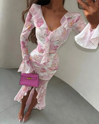 Women Orange Paisley Print Short Sleeve Maxi Dress Fashion V-neck Ruffle Trim Belted Slit Hem Dresses 2026 Lady Vacation Gown