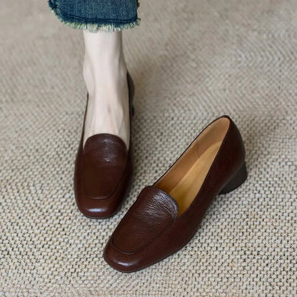 Comfortable Leather Low Heel Slip-On Women's Shoes Fashionable Retro Style Spring Autumn Seasonal Simple Match All round
