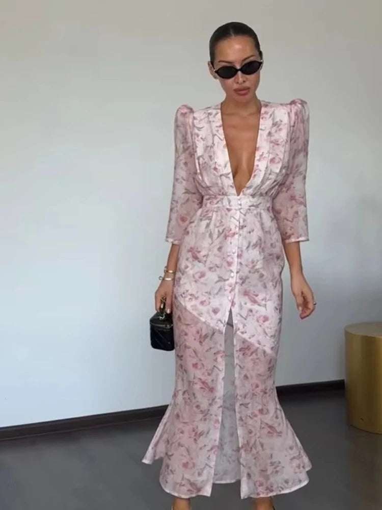 Women Orange Paisley Print Short Sleeve Maxi Dress Fashion V-neck Ruffle Trim Belted Slit Hem Dresses 2026 Lady Vacation Gown