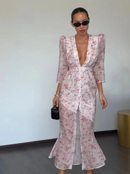 Women Orange Paisley Print Short Sleeve Maxi Dress Fashion V-neck Ruffle Trim Belted Slit Hem Dresses 2026 Lady Vacation Gown