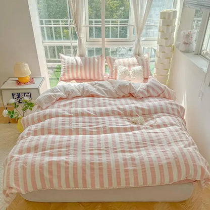 Lightweight Hotel Luxury Duvet Cover 4Pcs Blue White Vertical Stripes Ultra Soft Breathable Comforter Cover Bed Sheet Pillowcase