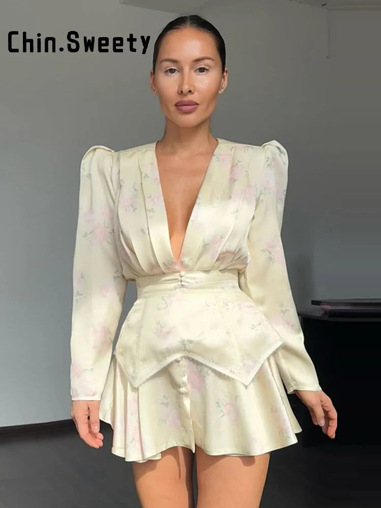 Vestido Elegante Estampado Feminino Decote em V Profundo Manga Comprida Cintura Marcada Vestidos Plissados 2026 Verão Senhora Férias Festa Vestidos