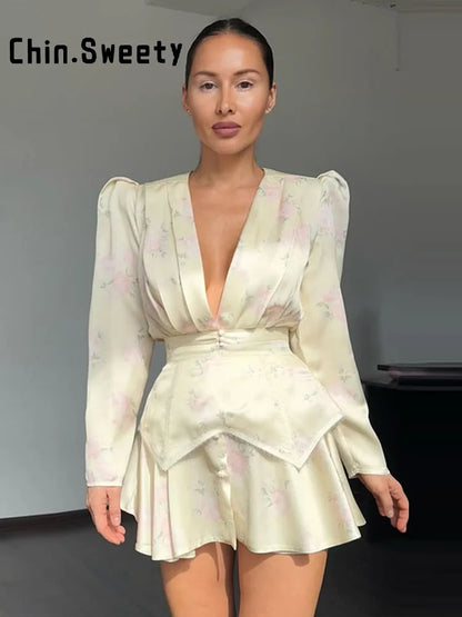 Vestido Elegante Estampado Feminino Decote em V Profundo Manga Comprida Cintura Marcada Vestidos Plissados 2026 Verão Senhora Férias Festa Vestidos