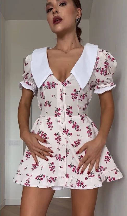 Vestido Mini Vermelho com Decote em V e Gola Peter Pan, Estampado Floral, Manga Bufante, Corte em A, Cintura Alta, Vestidos Casuais Femininos 2026 Vestidos de Senhora para Encontro