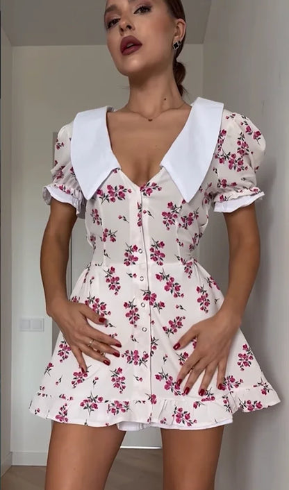 Vestido Mini Vermelho com Decote em V e Gola Peter Pan, Estampado Floral, Manga Bufante, Corte em A, Cintura Alta, Vestidos Casuais Femininos 2026 Vestidos de Senhora para Encontro