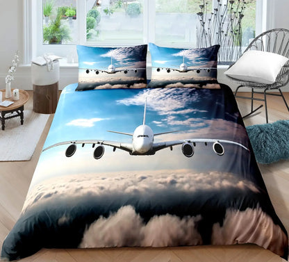 Boys Airplane Duvet Cover Set Children Teens Aviation Aircraft Runway Bedding Set 3D Airplane Cover Room Decortion for Adults