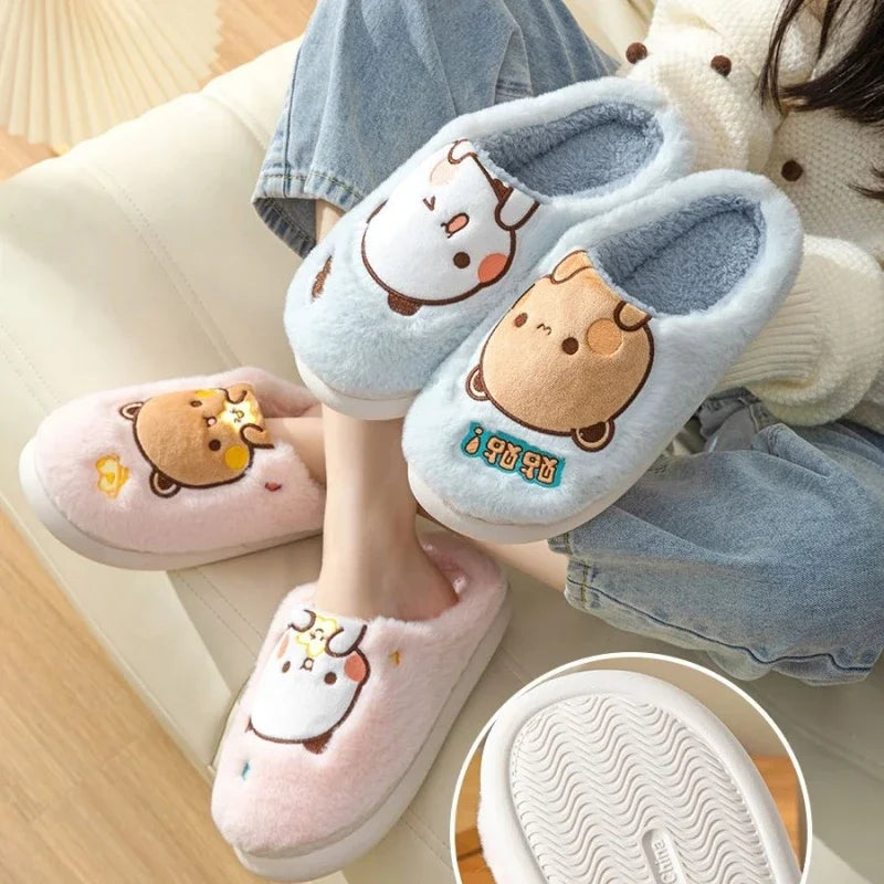 Anime Bubu Dudu Urso Chinelos Desenhos Animados Inverno Lazer Casa Exterior Antiderrapante Fundo Grosso Algodão Lazer Pelúcia Sapatos Mulheres Aniversário