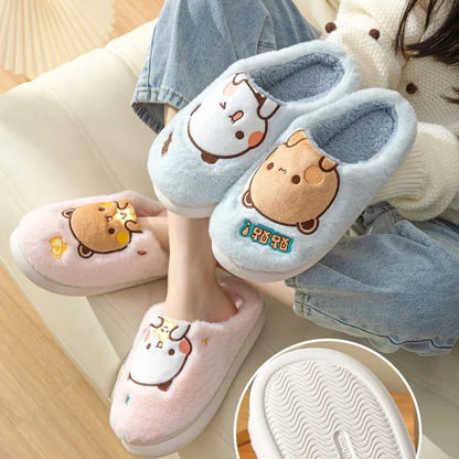 Anime Bubu Dudu Urso Chinelos Desenhos Animados Inverno Lazer Casa Exterior Antiderrapante Fundo Grosso Algodão Lazer Pelúcia Sapatos Mulheres Aniversário