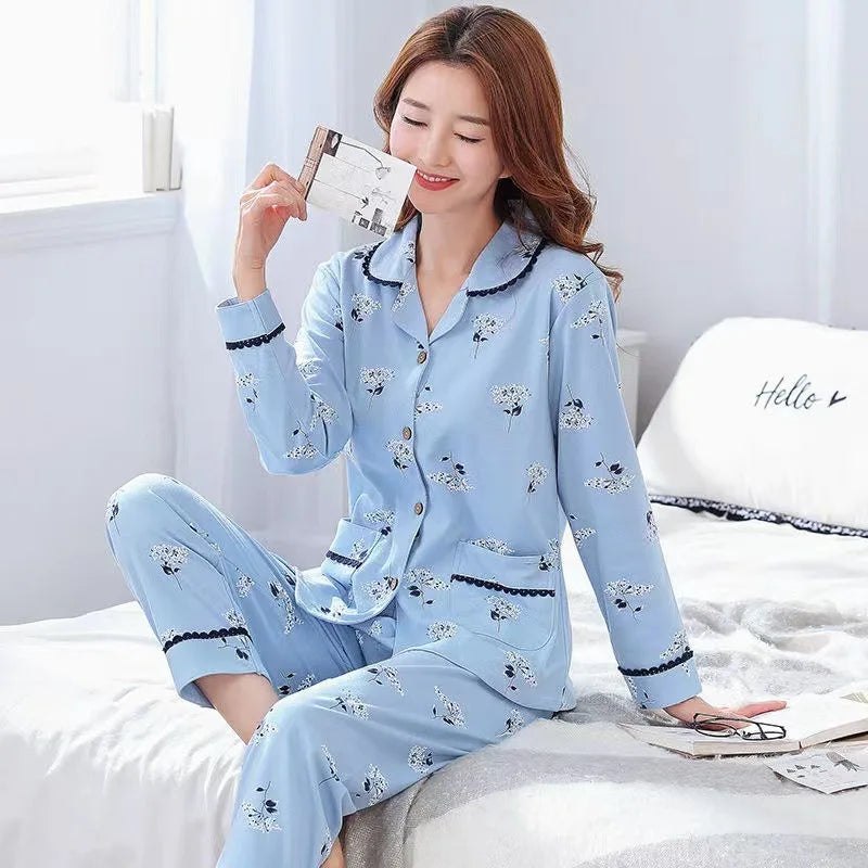 100% Pure Cotton Long Sleeve Sleepwear Set for Elderly Women Spring Summer Autumn Home Clothes Outwear Comfortable Home Suit