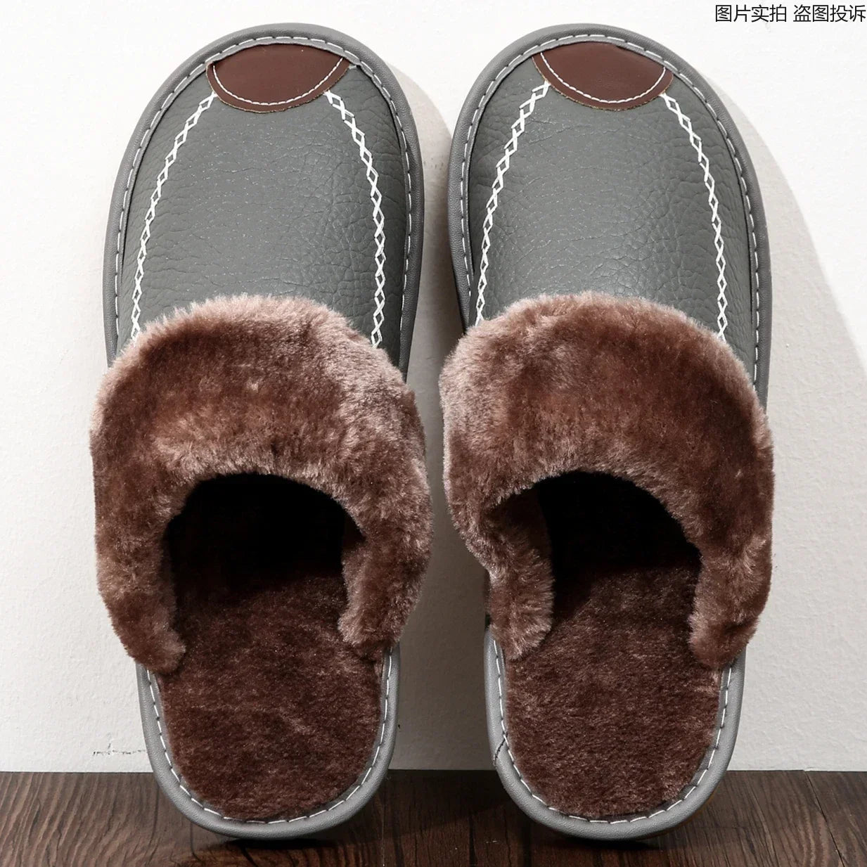 Men Slippers Black New Winter PU Leather Slippers Warm Indoor Slipper Waterproof Home House Shoes Men Warm Leather Slippers