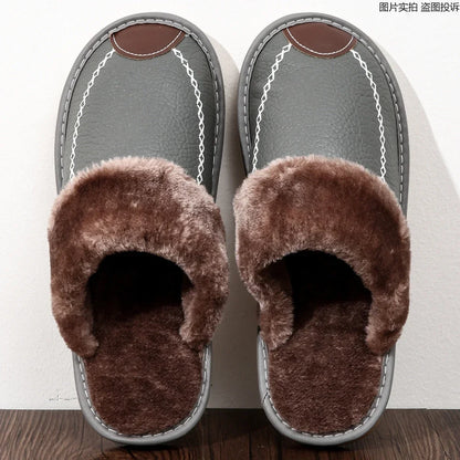 Men Slippers Black New Winter PU Leather Slippers Warm Indoor Slipper Waterproof Home House Shoes Men Warm Leather Slippers
