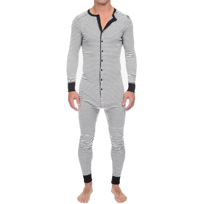 Spring Men O Neck One-piece Pajamas Long Sleeve Striped Daily Home Wear Rompers Slim-fit Button-down Cozy Sexy Tight Sleepwear