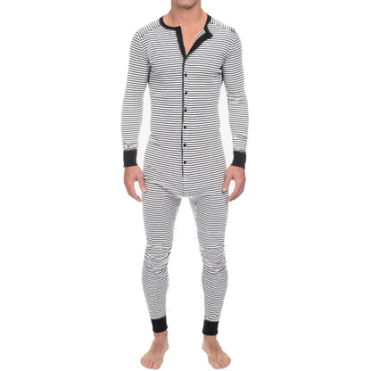Spring Men O Neck One-piece Pajamas Long Sleeve Striped Daily Home Wear Rompers Slim-fit Button-down Cozy Sexy Tight Sleepwear
