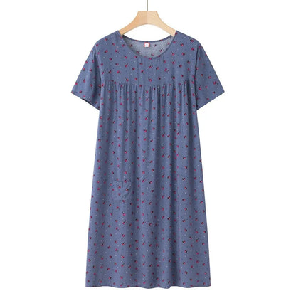 Middle-Aged and Elderly Short Sleeve Nightdresses Women Pajamas Summer Thin Loose Dresses Printed Ladies Sleepwear Homewear