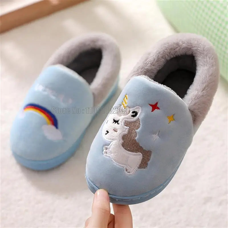 Chinelo Infantil Unicórnio Meninos Meninas Pantufas de Pelo de Algodão Quente Inverno Casa Calçado de Criança