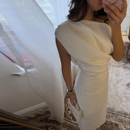 Elegant One Shoulder Solid Dress Women's Waist-cinching Side Split Ankle-length Dresses 2026 Summer New Lady Casual Cozy Robes