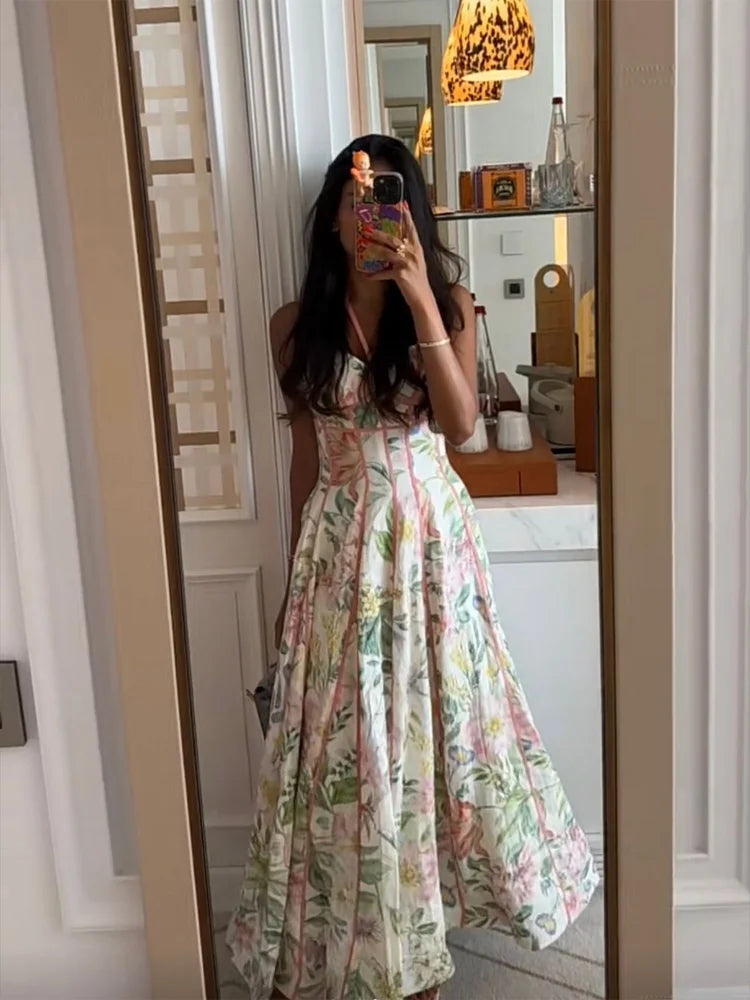 Women's Printed Sleeveless Halter Dress Waist-Closed A-Line Lady Elegant Dresses 2026 Spring Summer Fashion Female Vacation Robe