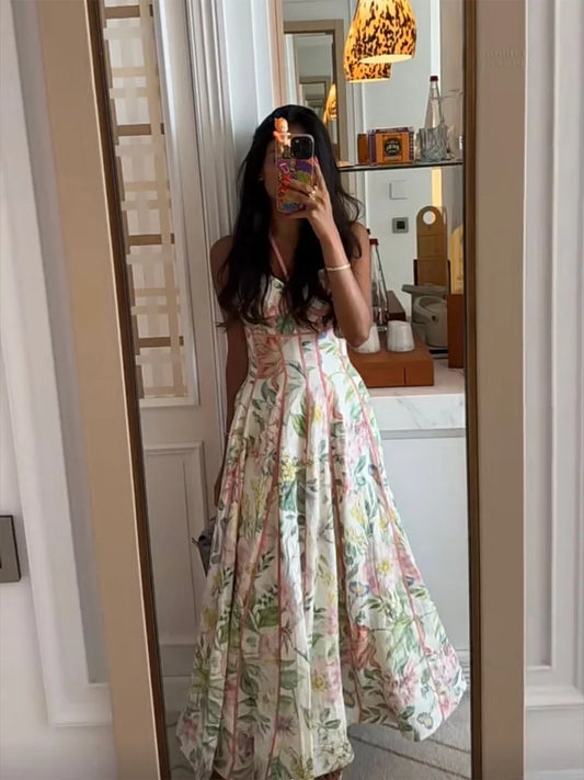 Women's Printed Sleeveless Halter Dress Waist-Closed A-Line Lady Elegant Dresses 2026 Spring Summer Fashion Female Vacation Robe