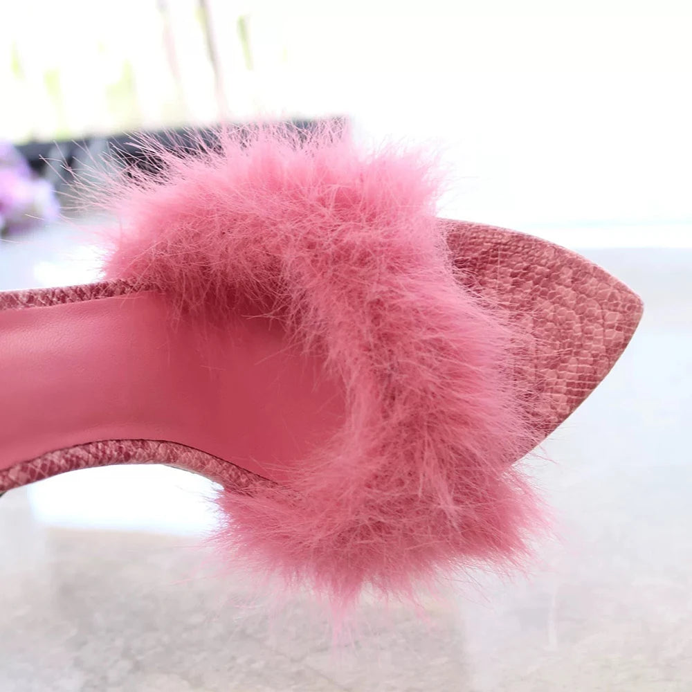 Chinelos de Mulher Rosa Fluffy Flufft 12cm Salto Alto de Pelo Festa Noite Aniversário Sandálias Sexy Bico Fino Sapatos Slingback para Senhoras