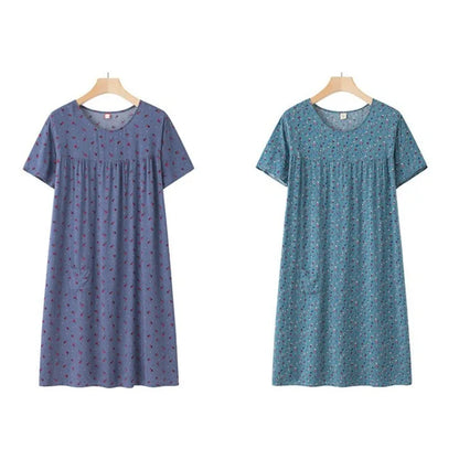 Middle-Aged and Elderly Short Sleeve Nightdresses Women Pajamas Summer Thin Loose Dresses Printed Ladies Sleepwear Homewear
