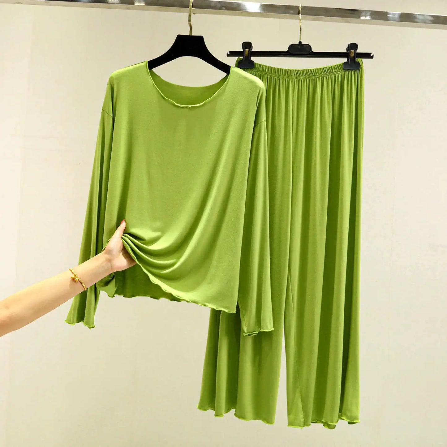Modal Thin Long Sleeved T-Shirt Set for Women in Spring and Autumn Pajamas Plus Loose Base Shirt Solid Color Sleepwear Homewear