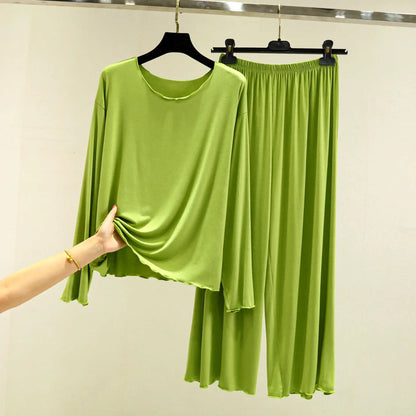 Modal Thin Long Sleeved T-Shirt Set for Women in Spring and Autumn Pajamas Plus Loose Base Shirt Solid Color Sleepwear Homewear