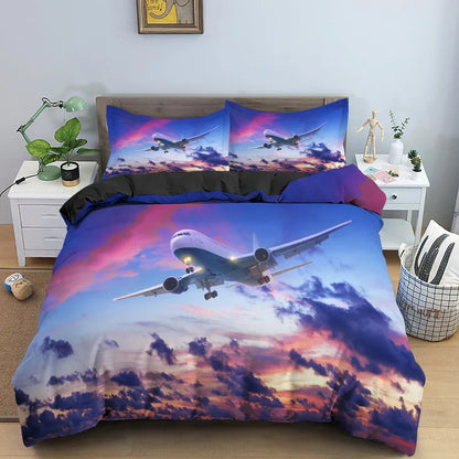Boys Airplane Duvet Cover Set Children Teens Aviation Aircraft Runway Bedding Set 3D Airplane Cover Room Decortion for Adults