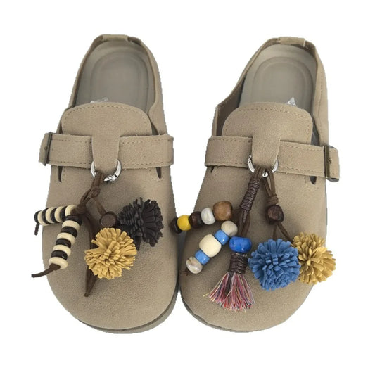 Maillard Flower Pine Cone Pom-Pom Tassel Shoelaces with Wood Beads Kangaroo Charm Unisex Sneaker Accessory 1 PCS
