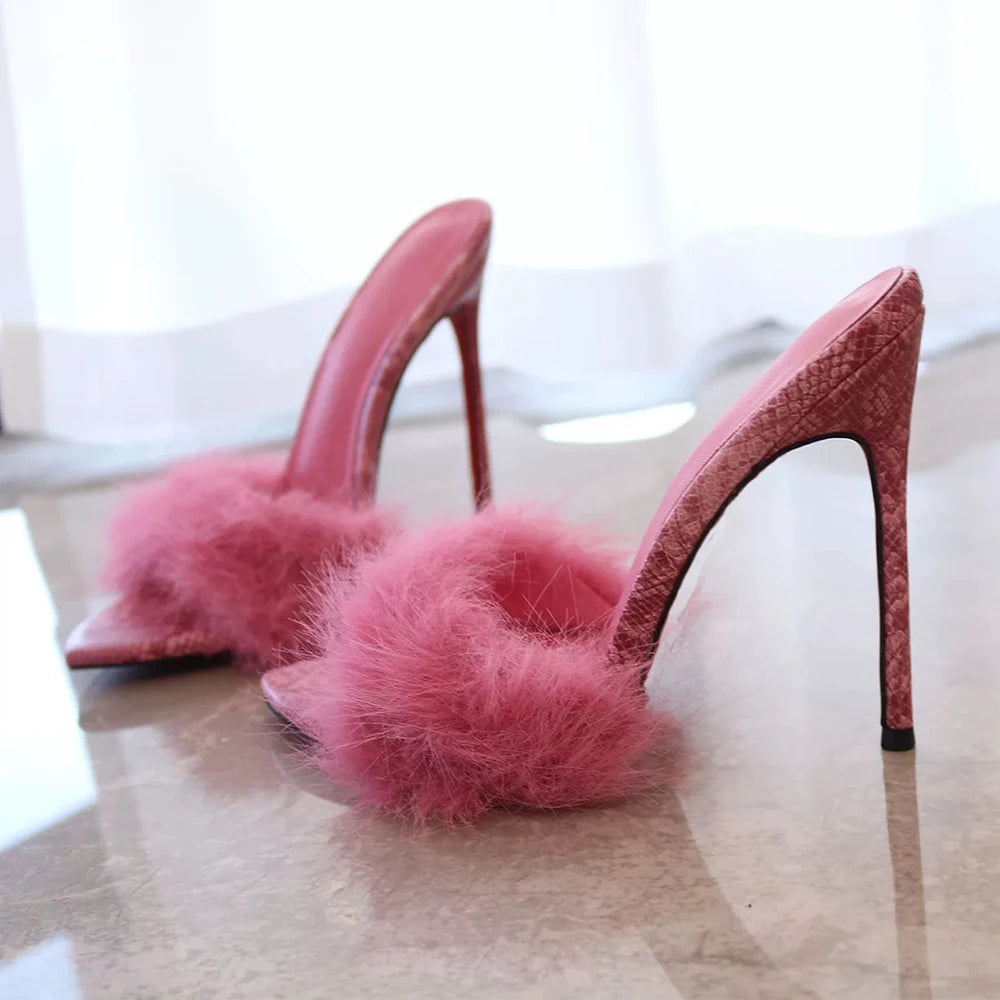 Chinelos de Mulher Rosa Fluffy Flufft 12cm Salto Alto de Pelo Festa Noite Aniversário Sandálias Sexy Bico Fino Sapatos Slingback para Senhoras