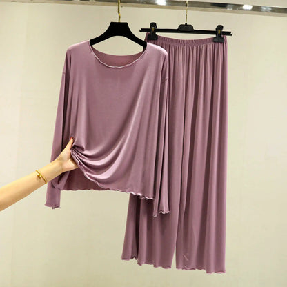 Modal Thin Long Sleeved T-Shirt Set for Women in Spring and Autumn Pajamas Plus Loose Base Shirt Solid Color Sleepwear Homewear