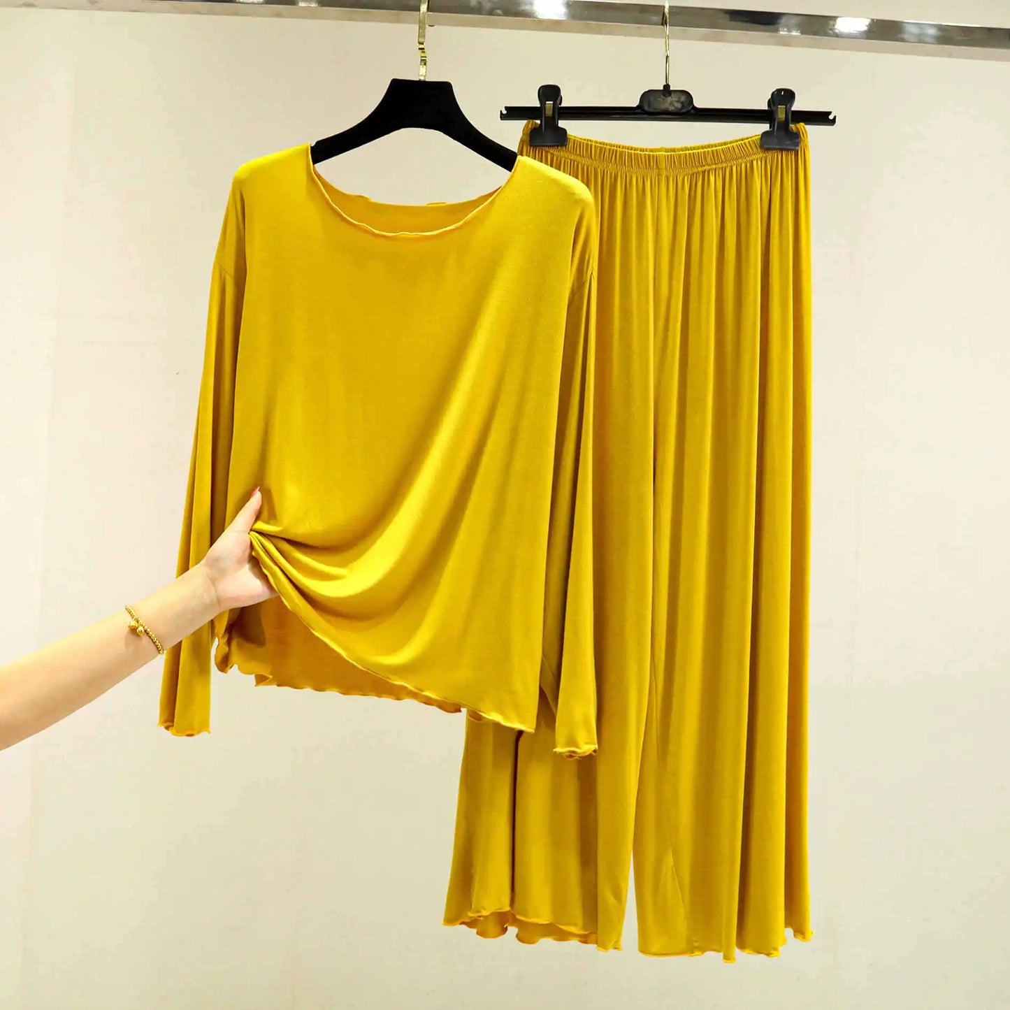 Modal Thin Long Sleeved T-Shirt Set for Women in Spring and Autumn Pajamas Plus Loose Base Shirt Solid Color Sleepwear Homewear
