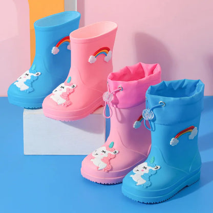 Botas de Chuva para Crianças Meninas Galochas Meninos PVC Quente Crianças Sapatos Impermeáveis Modis Desenho Animado Unicórnio Capa de algodão removível