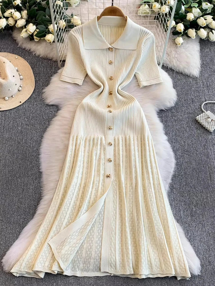 2025 Vestidos de Mulher Linha A Vazados Vestidos Femininos de Malha Vintage Robe Femme Cintura Alta Verão Coreano Vestido de Peitilho Único