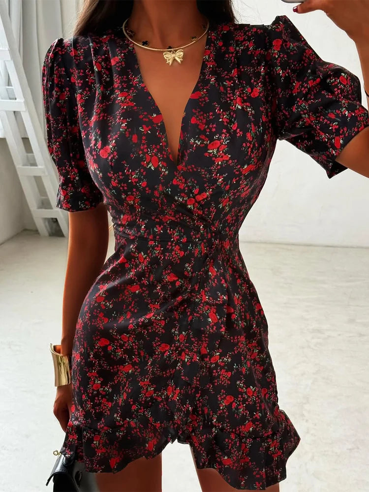 Vestido Curto Elegante com Estampado e Folhos Decote em V Manga Curta Cintado Plissado Mini Vestidos de Festa para Mulher Vestidos 2026