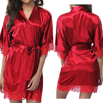Women's Elegant Smooth Robe Short Dressingwith Lace Trim & Waist Belt Home Loungewear Sleepwear Nightwear Black Red.
