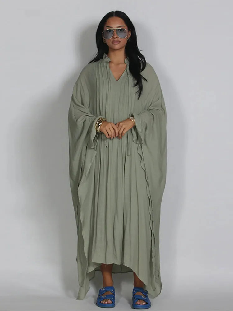 Vestido Maxi Vestidos de Mulher Manga Morcego Bege Folho Decote com Laço Plissado Oversized Roupa de Mulher Roupa Casual Roupa de Verão