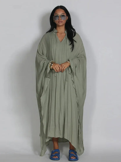 Vestido Maxi Vestidos de Mulher Manga Morcego Bege Folho Decote com Laço Plissado Oversized Roupa de Mulher Roupa Casual Roupa de Verão