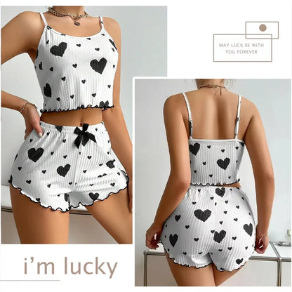 1 Sets Heart Print Bowknot Sleepwear Vest and Shorts Pajamas Set Women Ventilate Suspenders Loungewear Summer Casual Sleepwear