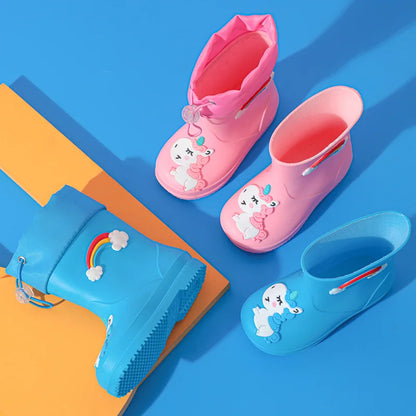 Botas de Chuva para Crianças Meninas Galochas Meninos PVC Quente Crianças Sapatos Impermeáveis Modis Desenho Animado Unicórnio Capa de algodão removível