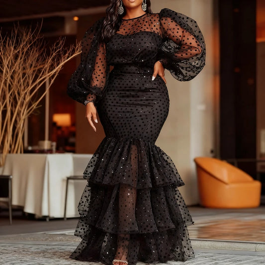 Women Polka Dot Dresses Sheer Organza O Neck Long Lantern Sleeve Ruffles Party Celebrate Occasion Birthday Stylish African New